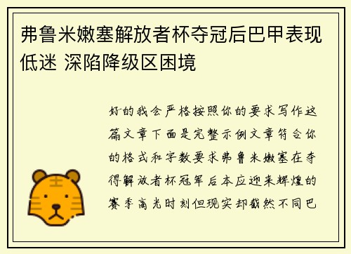弗鲁米嫩塞解放者杯夺冠后巴甲表现低迷 深陷降级区困境