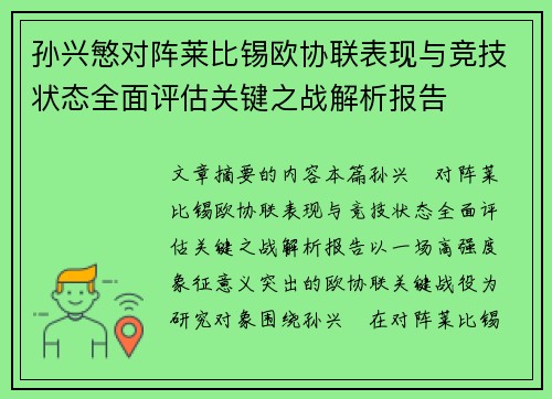 孙兴慜对阵莱比锡欧协联表现与竞技状态全面评估关键之战解析报告 孙兴慜对阵莱比锡欧协联表现与竞技状态全面评估关键之战解析报告